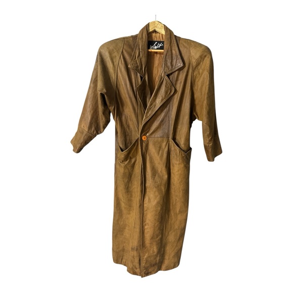VINTAGE 1989 WINLIT BROWN‎ LEATHER DOUBLE BREAST TRENCH COAT SIZE MEDIUM - Picture 11 of 13